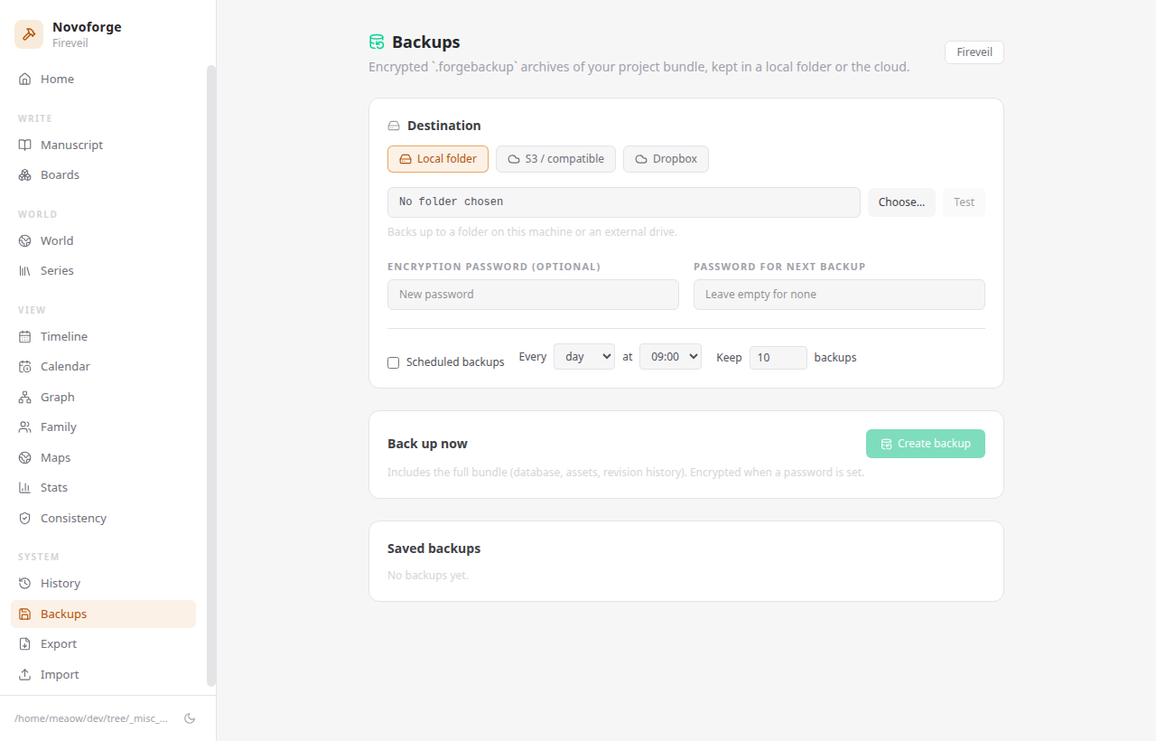Novoforge backup settings with local and Dropbox encrypted archive options