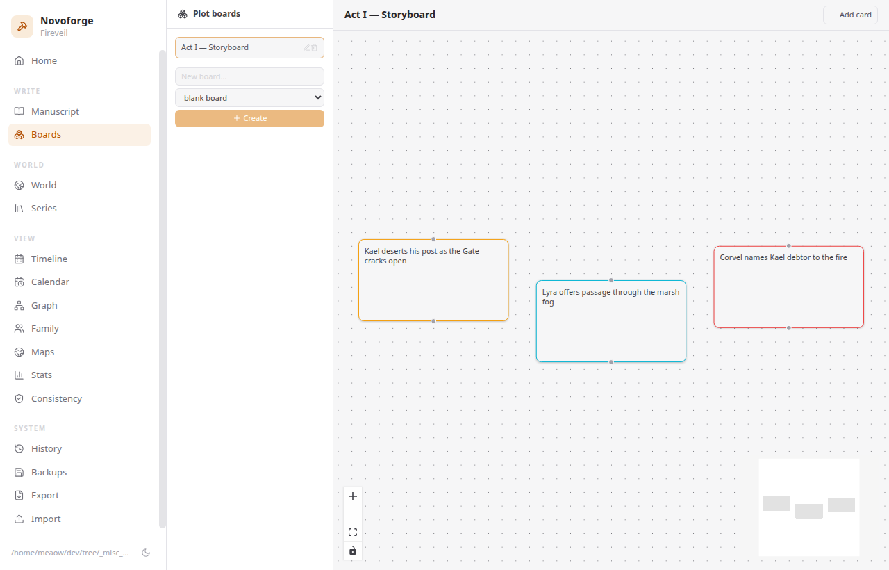 Novoforge planning boards for organizing scenes and chapters