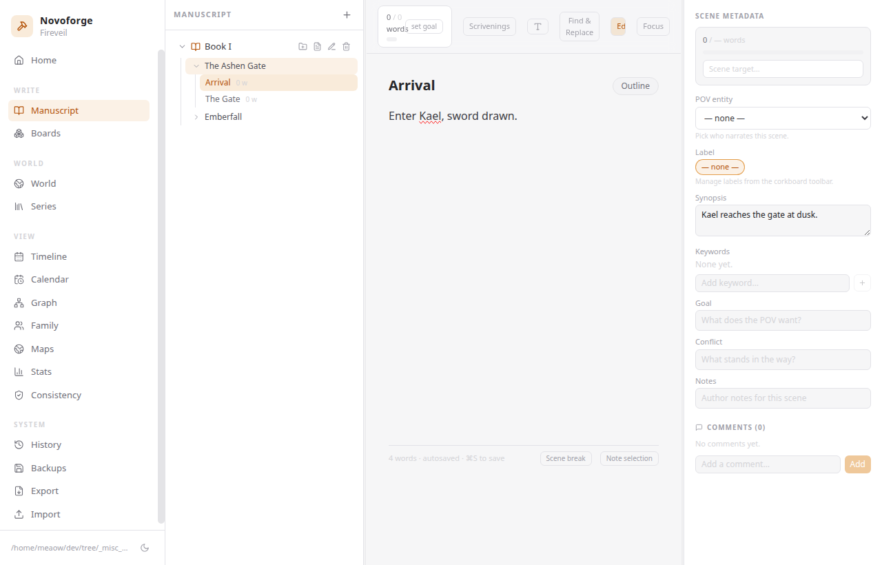 Novoforge manuscript editor showing an open scene with outline, scrivenings and per-scene word targets
