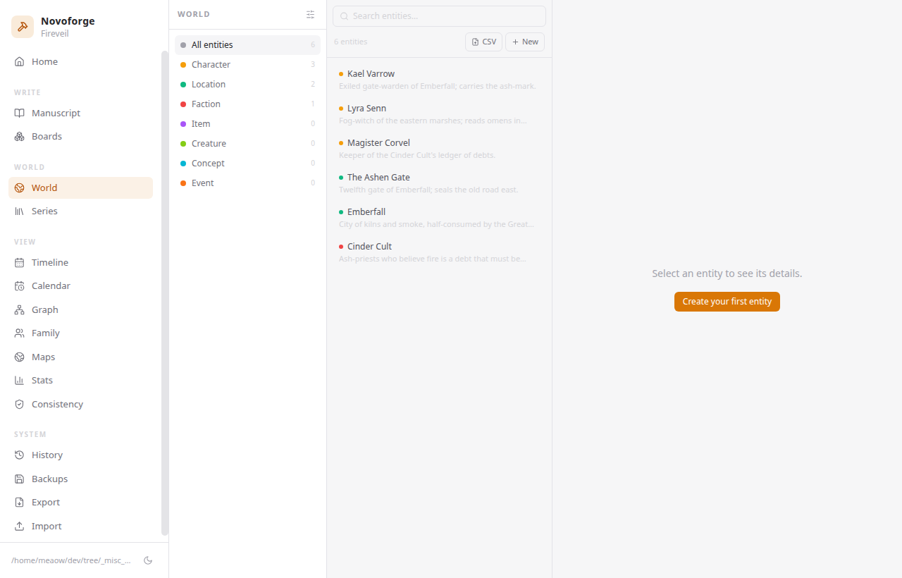Novoforge worldbuilding entity editor with typed characters, locations and custom attributes